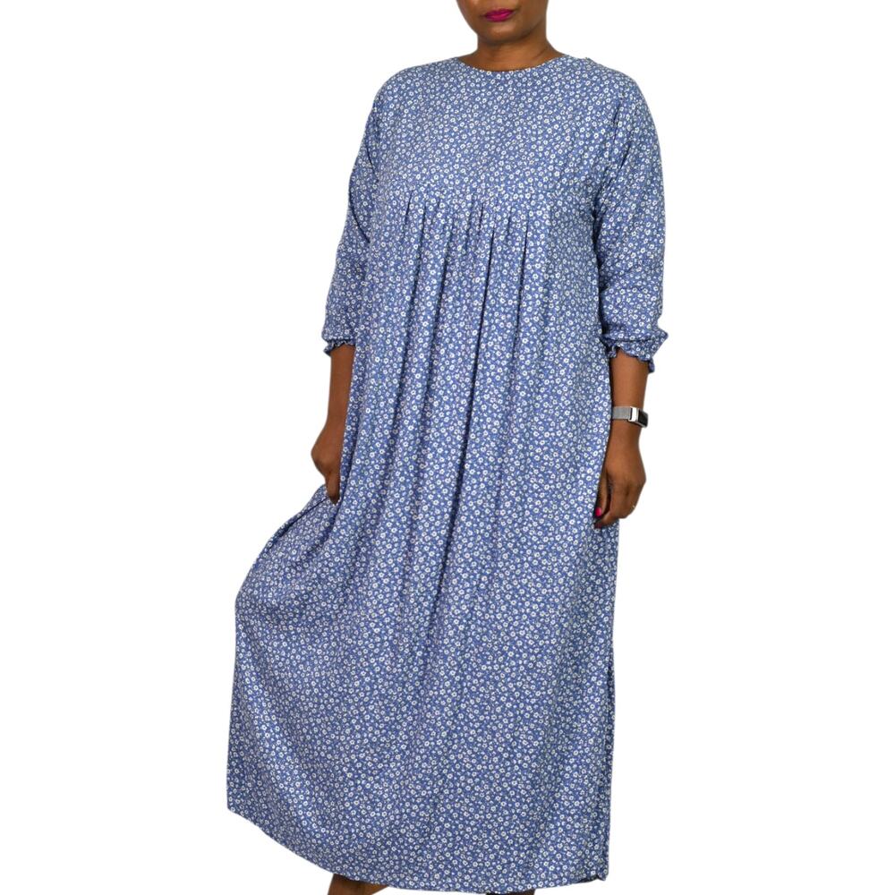 Homemade Prairie Dress Blue Maxi Floral Ditsy Sack Modest Long Cottagecore Small